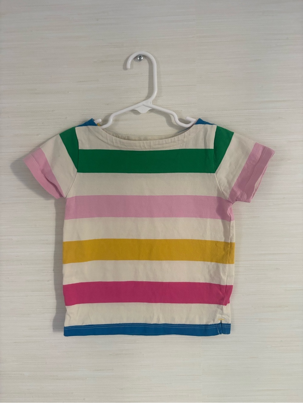 Mini Boden Cream Tee with Green, Pink, Yellow & Blue Stripes